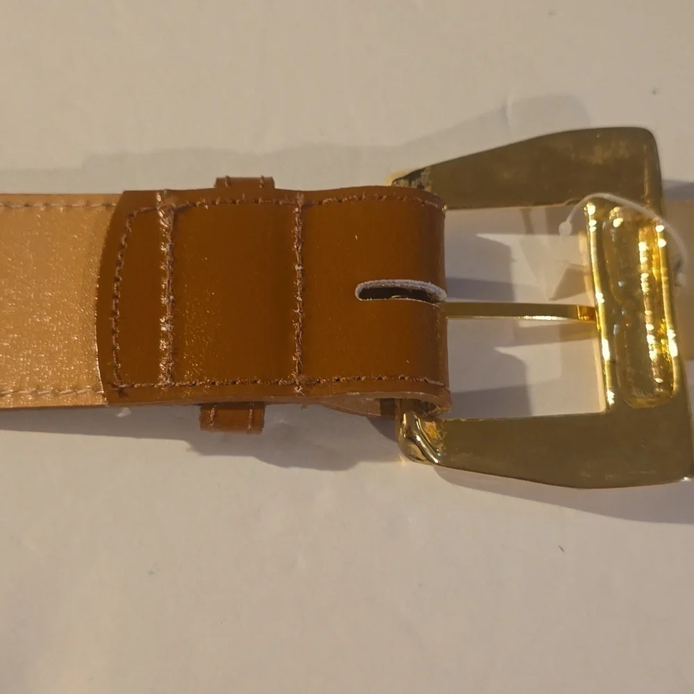 Vintage Leana Shop Mens TAN Leather Belt unique Gold Buckle New  Sz.2X